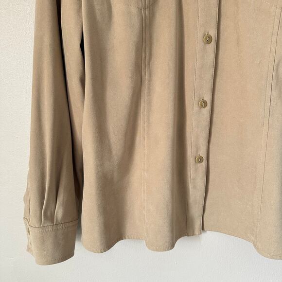 Talbots Stetch Faux Suede Shirt Womens LARGE Button Up Classic Fall Career Tan - Picture 3 of 12